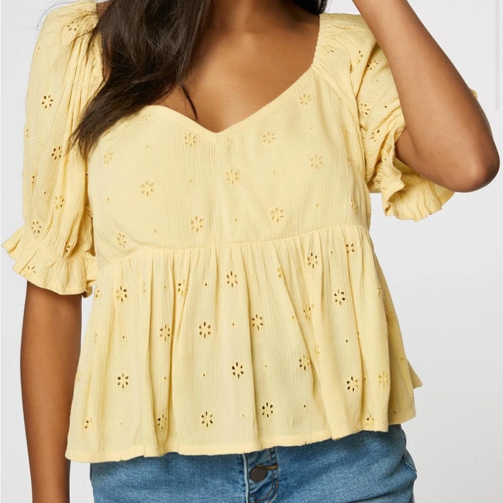 O'Neill Light Yellow Eyelet Puff Sleeve Top